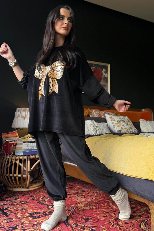 Binky Bow Soft Stretch Velour Lounge Suit Black